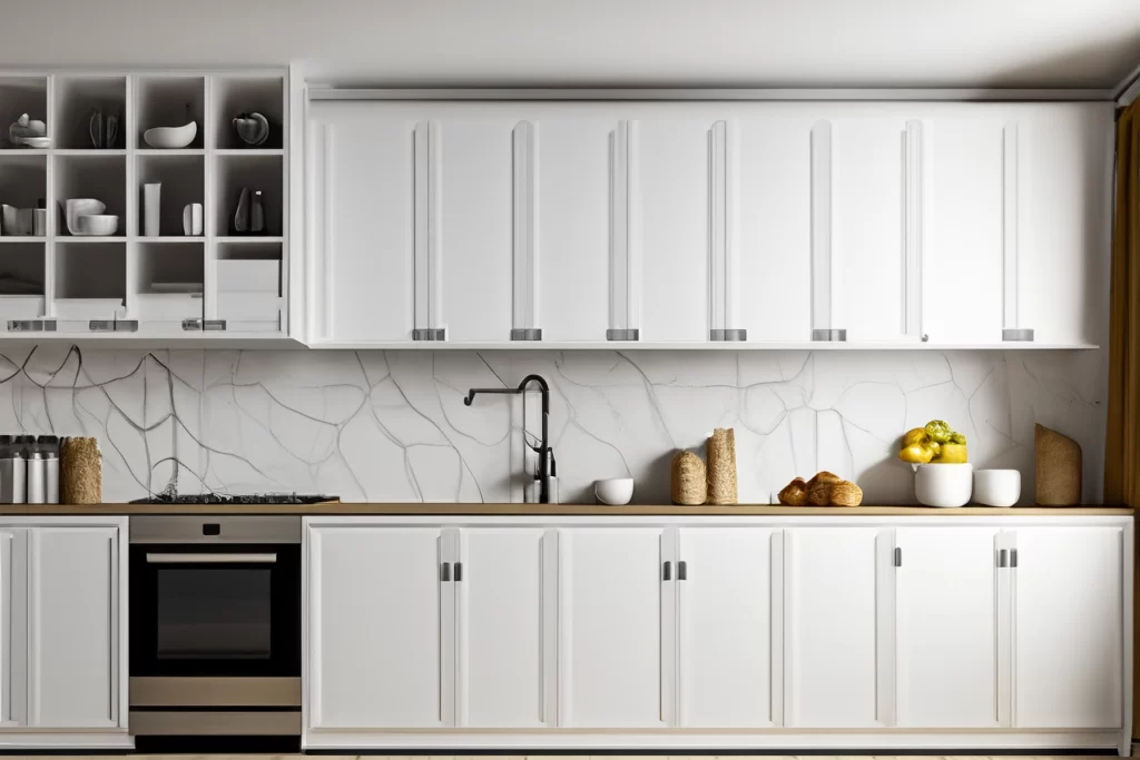 cocina de almacenamiento con cajone y puertas en color blanco