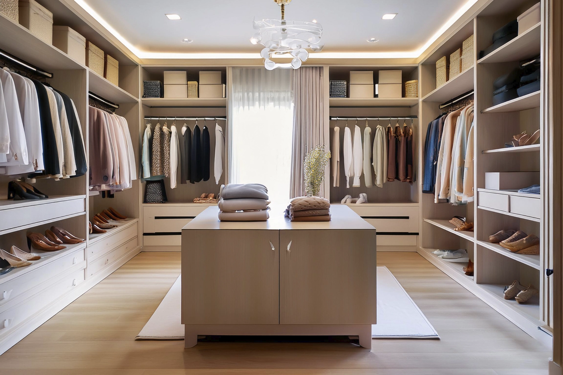 Walk In Clóset con ropa colgada, cajas de almacenamiento, accesorios y una isla central.