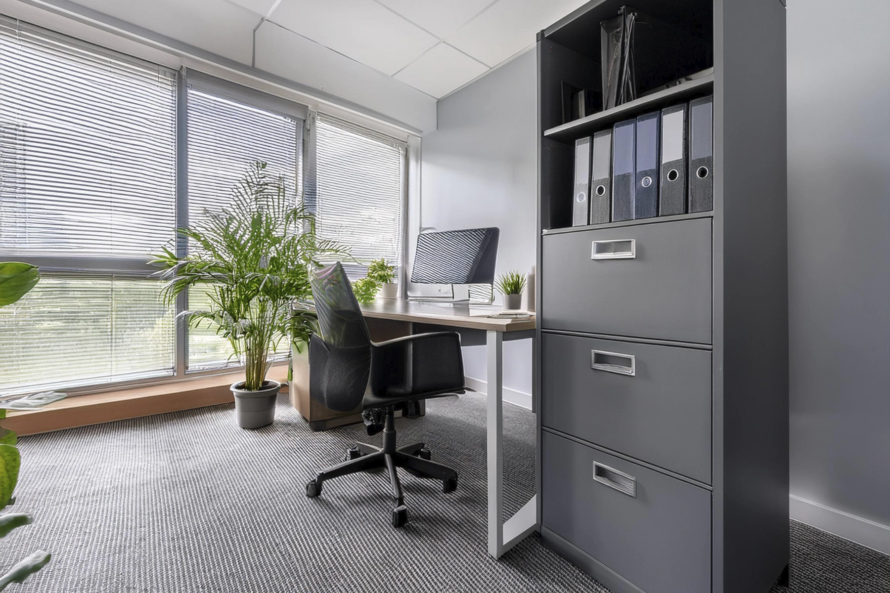 Espacio de trabajo de oficina con archivador para almacenamiento de documentos