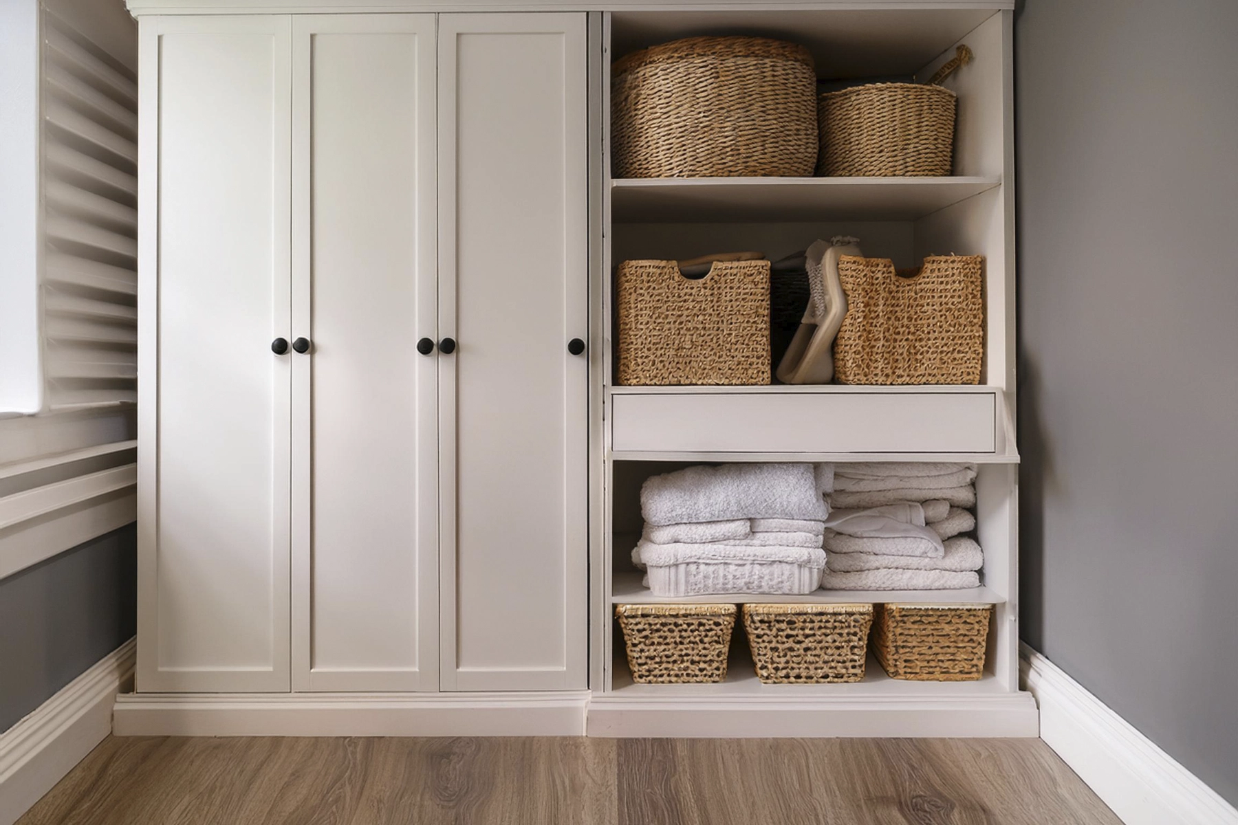 Clóse de blancos con puertas y repisas con canastas de almacenamiento