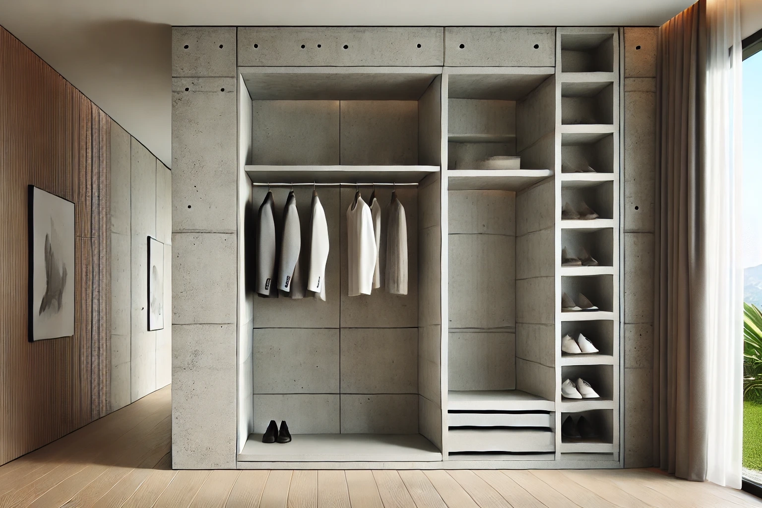 Closet de concreto con repisas, área de colgado y área para calzado