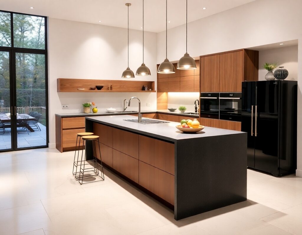 Isla para cocina moderna con lamparas