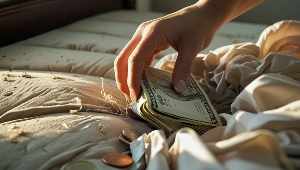 Escondiendo dinero debajo del colchon