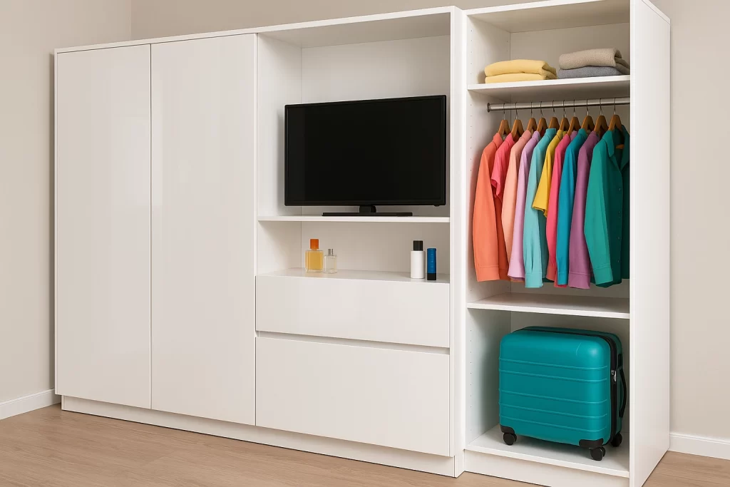 Closet blanco con espacio para topa y una television