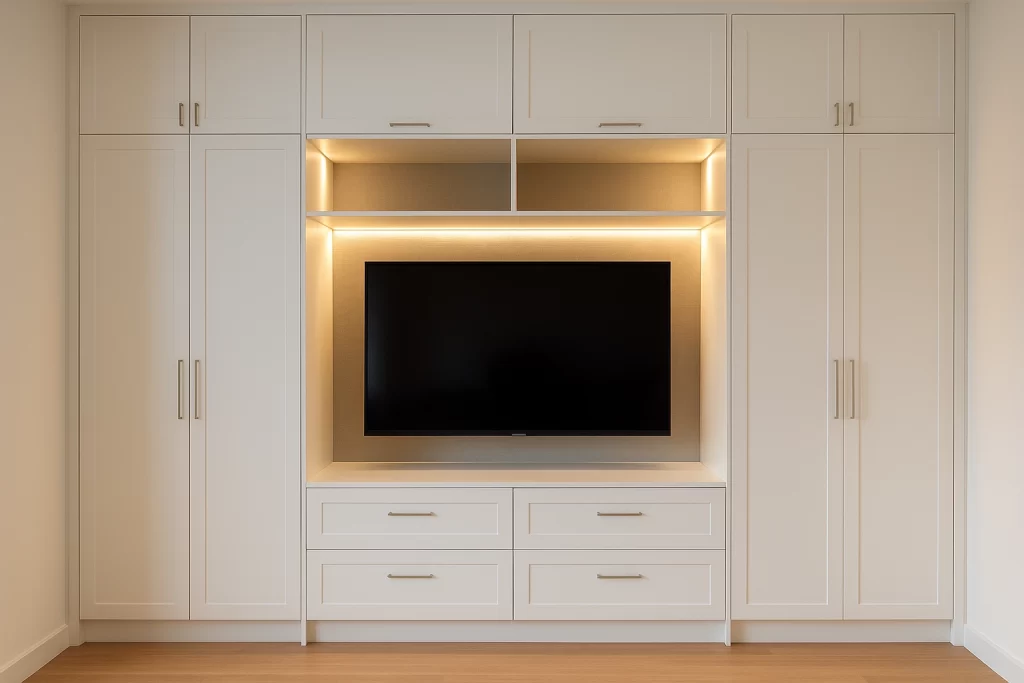Closet blanco con espacio para tv