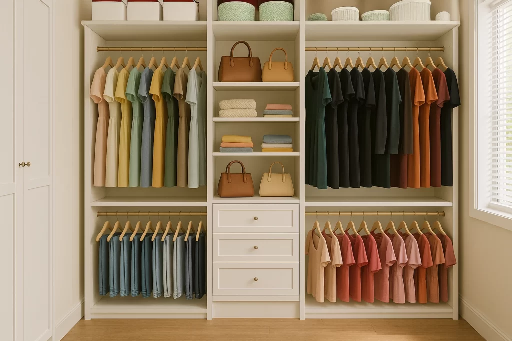 Closet abierto con paleta de colores neutra
