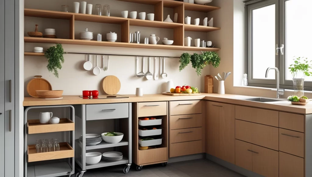 Almacenamiento de tazas y platos en una cocina compacta