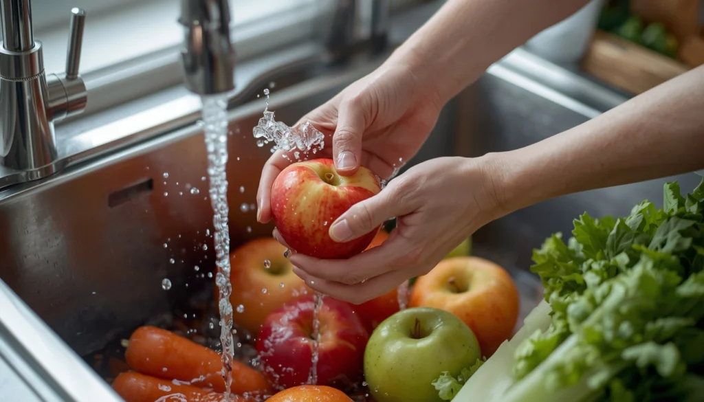limpiar la fruta bajo el chorro de agua